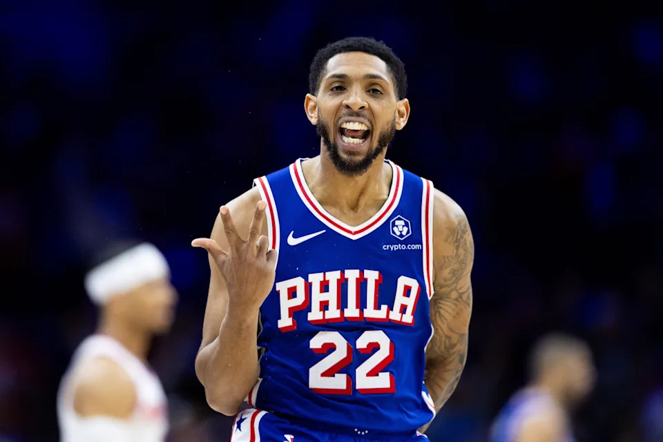 Apr 25, 2024; Philadelphia, Pennsylvania, USA; Philadelphia 76ers guard Cameron Payne (22) reacts to his three pointer against the New York Knicks during the second quarter of game three of the first round for the 2024 NBA playoffs at Wells Fargo Center. Mandatory Credit: Bill Streicher-USA TODAY Sports