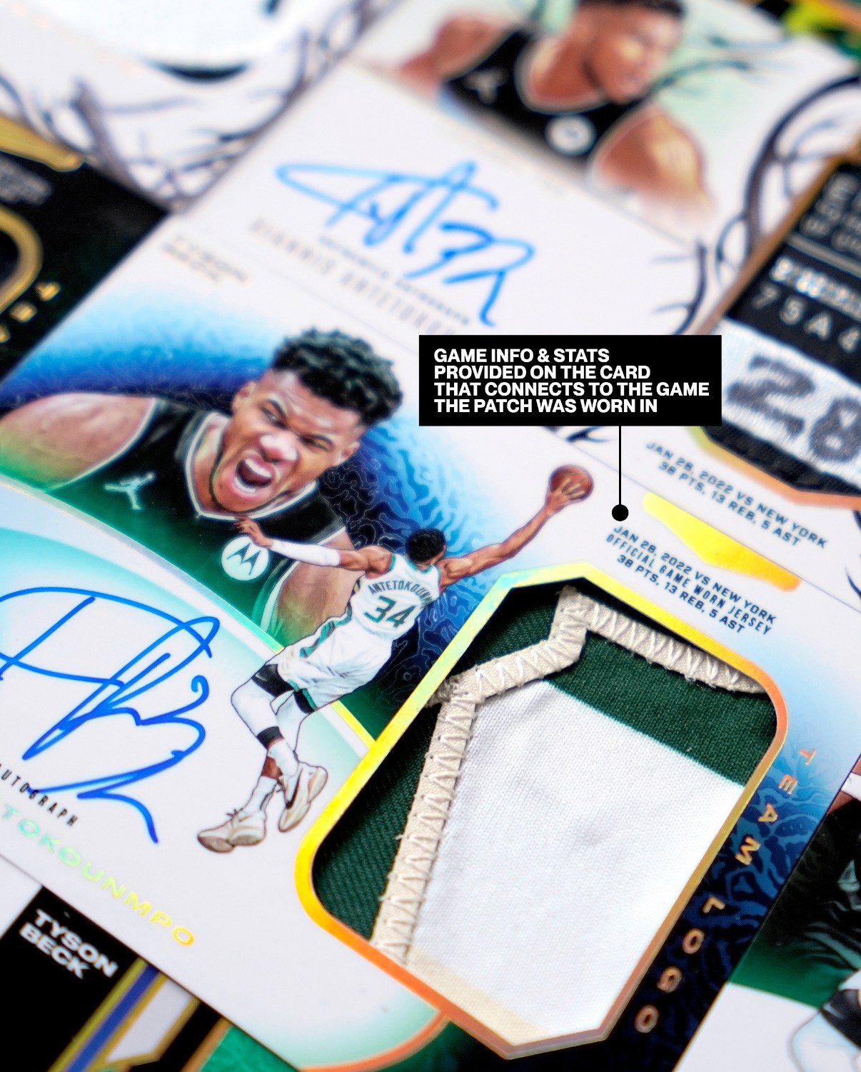 Authenticity meets artistry: A closer look at one of the cards with the game-worn patch from Giannis Antetokounmpo’s jersey.