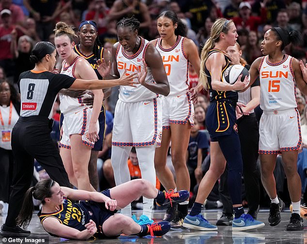 The Indiana Fever star was bumped to the ground in an ill-tempered game against the Sun