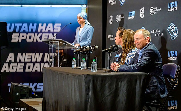 Klein is seen leading a Utah Mammoth press conference on May 7 of this year