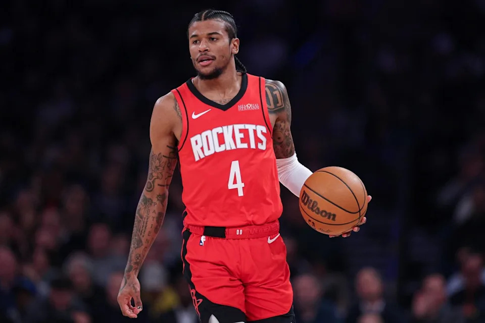 Former Houston Rockets guard Jalen Green (4) dribbles up court during the first half against the New York Knicks at Madison Square Garden. Mandatory Credit: Vincent Carchietta-Imagn ImagesMandatory Credit: Vincent Carchietta-Imagn Images