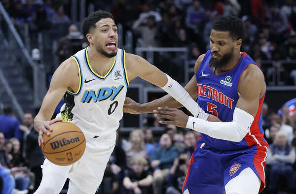 Indiana Pacers guard Tyrese Haliburton (0) drives against Detroit Pistons guard Malik Beasley (5) during the second half of an NBA basketball game Thursday, Jan. 16, 2025, in Detroit. (Image via AP Photo/Duane Burleson) Haliburton praises Clark