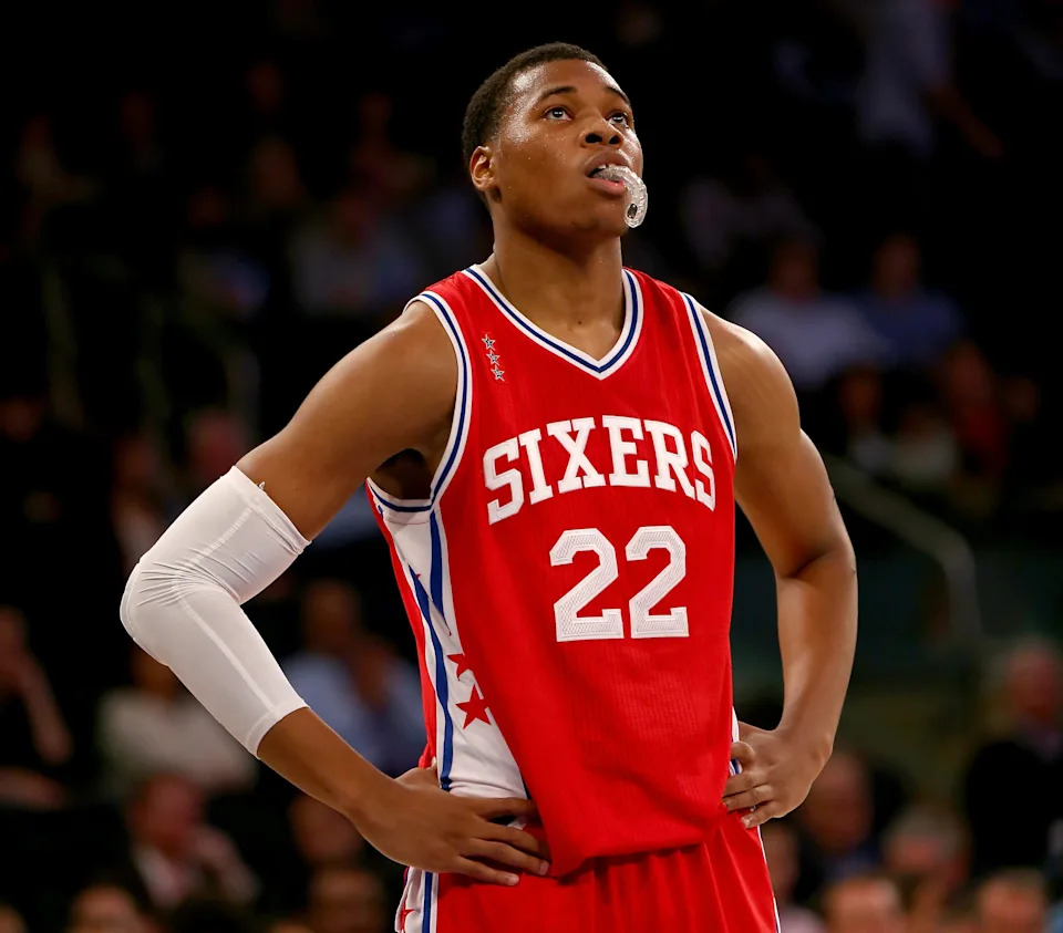 NEW YORK, NY - DECEMBER 02: Richaun Holmes #22 of the Philadelphia 76ers reacts in the fourth quarter against the New York Knicks at Madison Square Garden on December 2, 2015 in New York City.The New York Knicks defeated the Philadelphia 76ers 99-87.NOTE TO USER: User expressly acknowledges and agrees that, by downloading and/or using this Photograph, user is consenting to the terms and conditions of the Getty Images License Agreement. (Photo by Elsa/Getty Images)