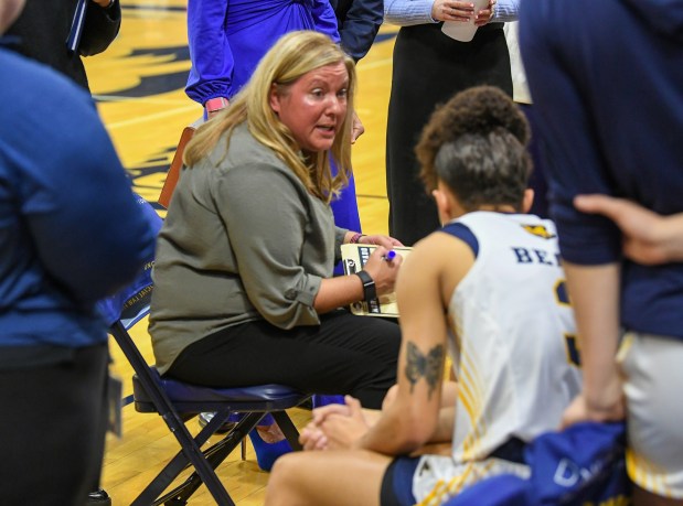 University of Northern Colorado head women's basketball coach Kristen Mattio draws up a play while playing North Dakota this season at Bank of Colorado Arena.(Jim Rydbom/Staff Photographer)