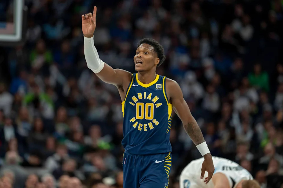 Indiana Pacers guard Bennedict Mathurin (00) reacts to a foul called against the Minnesota Timberwolves in the first half at Target Center. Mandatory Credit: Jesse Johnson-Imagn Images Mandatory Credit: Jesse Johnson-Imagn Images