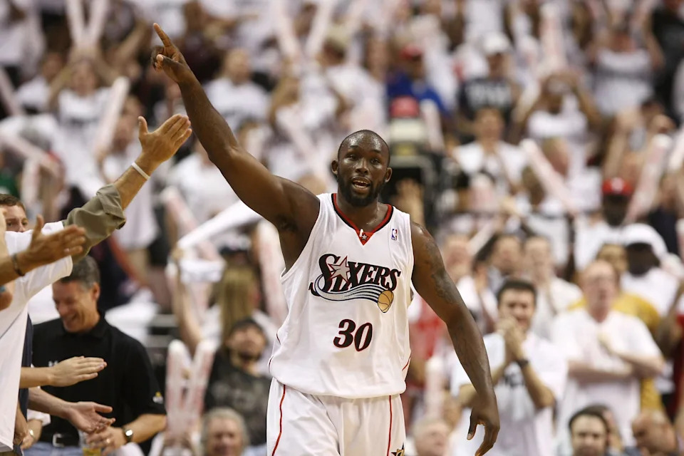 PHILADELPHIA - APRIL 25: Reggie Evans #30 of the Philadelphia 76ers celebrates a charge call against the Detroit Pistons in Game Three of the Eastern Conference Quarterfinals during the 2008 NBA Playoffs on April 25, 2008 at the Wachovia Center in Philadelphia, Pennsylvania. NOTE TO USER: User expressly acknowledges and agrees that, by downloading and or using this photograph, User is consenting to the terms and conditions of the Getty Images License Agreement. (Photo by Chris McGrath/Getty Images)