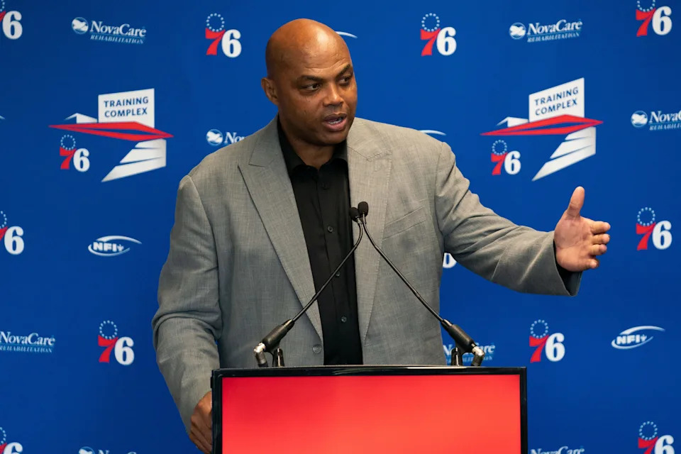 Sep 13, 2019; Philadelphia, PA, USA; Philadelphia 76ers great Charles Barkley speaks at the podium during the unveiling of a statue honoring him in a ceremony at the Philadelphia 76ers Training Complex. Mandatory Credit: Bill Streicher-USA TODAY Sports