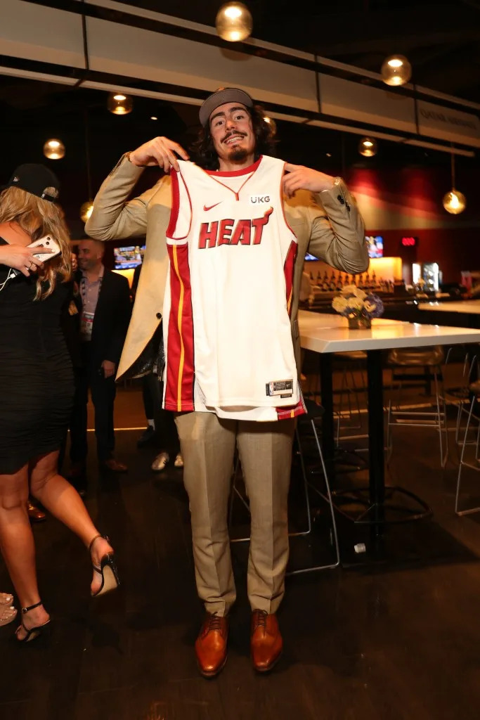 Jaime Jaquez Jr. poses for a photo after being selected by the Miami Heat during the 2023 NBA Draft on June 22, 2023 at Barclays Center in Brooklyn, New York. NBAE via Getty Images