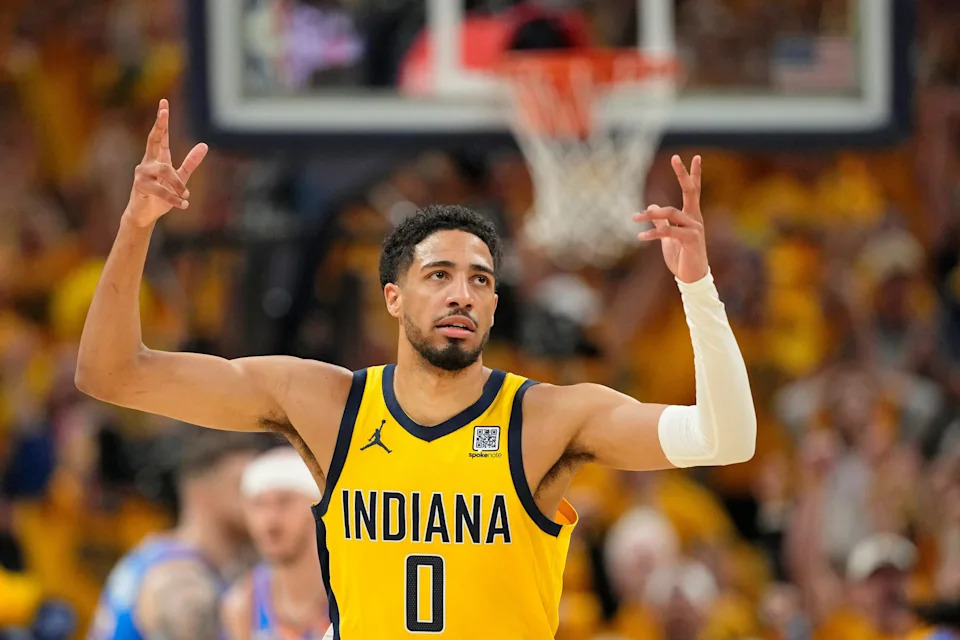 Jun 19, 2025; Indianapolis, Indiana, USA; Indiana Pacers guard Tyrese Haliburton (0) reacts after a play against the Oklahoma City Thunder during the first half of game six of the 2025 NBA Finals between the Oklahoma City Thunder and the Indiana Pacers at Gainbridge Fieldhouse. Mandatory Credit: Kyle Terada-Imagn Images