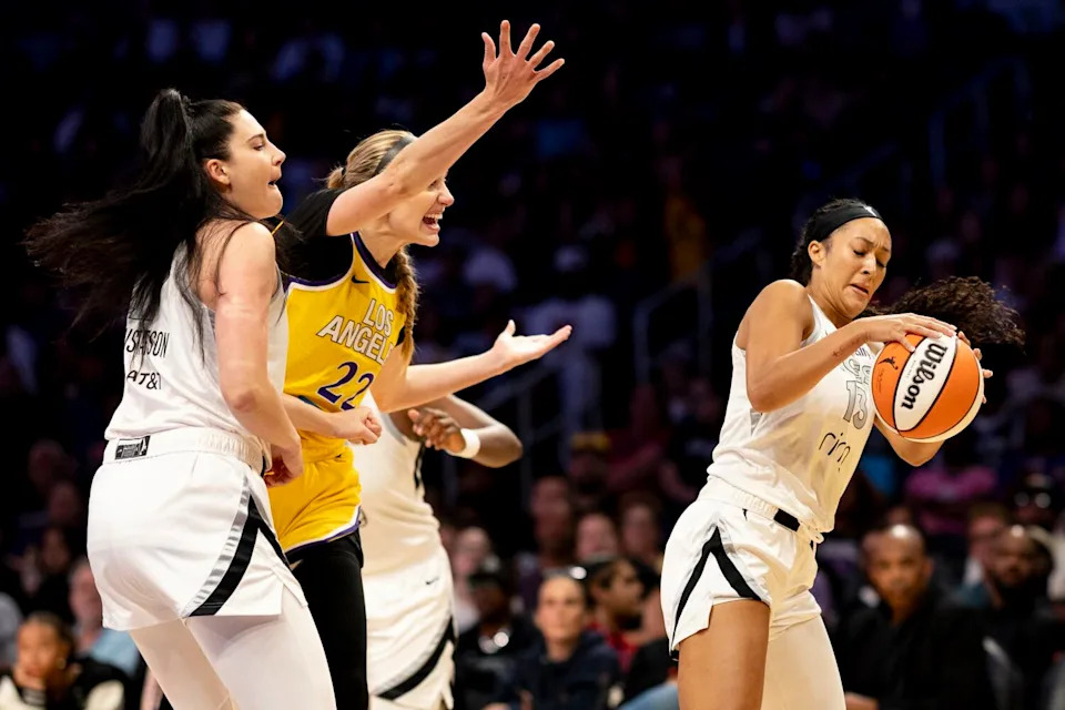 Sparks forward Cameron Brink reacts toward an official after no foul was called after the ball was stripped from her.