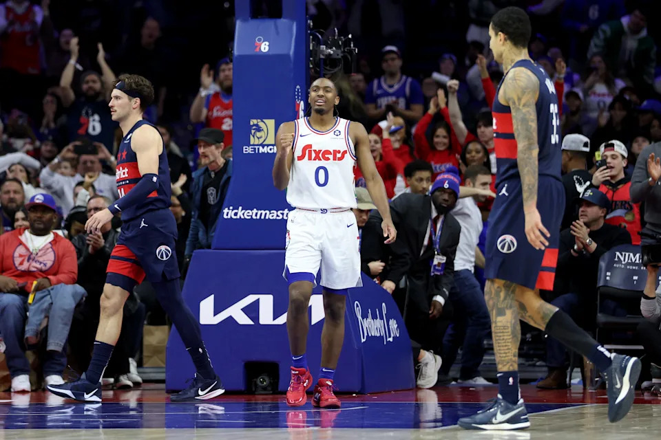PHILADELPHIA, PENNSYLVANIA - JANUARY 08: Tyrese Maxey #0 of the Philadelphia 76ers celebrates a basket during a game against the Washington Wizards at the Wells Fargo Center on January 08, 2025 in Philadelphia, Pennsylvania. NOTE TO USER: User expressly acknowledges and agrees that, by downloading and or using this photograph, User is consenting to the terms and conditions of the Getty Images License Agreement. (Photo by Emilee Chinn/Getty Images)