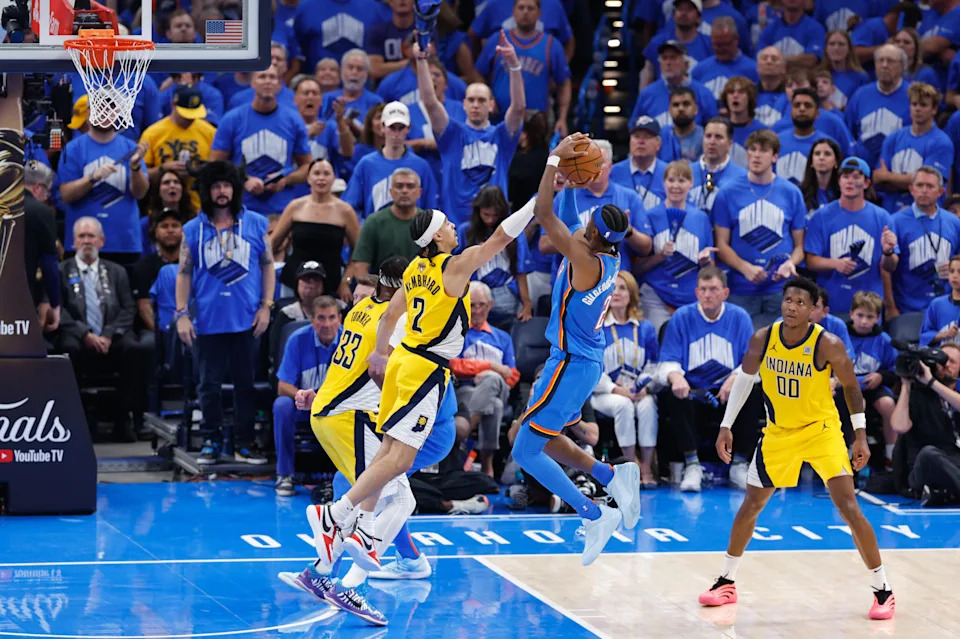 Jun 22, 2025; Oklahoma City, Oklahoma, USA; Oklahoma City Thunder guard Shai Gilgeous-Alexander (2) jumps for a shoots the ball as Indiana Pacers guard Andrew Nembhard (2) defends during the second half of game seven of the 2025 NBA Finals at Paycom Center. Mandatory Credit: Alonzo Adams-Imagn Images