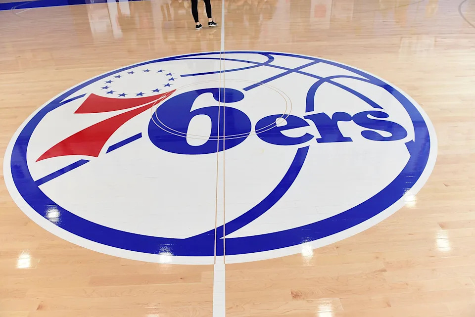 CAMDEN, NJ - SEPTEMBER 09: Interior of 76ers logo painted on wooden floor at Sixers Training Complex in Camden, New Jersey during the Julius Erving Youth Basketball Clinic on September 9, 2017 (Photo by Lisa Lake/Getty Images for PGD Global)