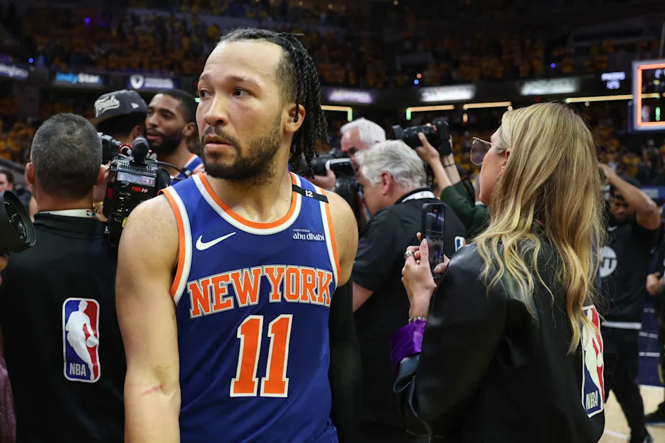 New York Knicks guard Jalen Brunson reacts after game six of the eastern conference finals.© Trevor Ruszkowski-Imagn Images