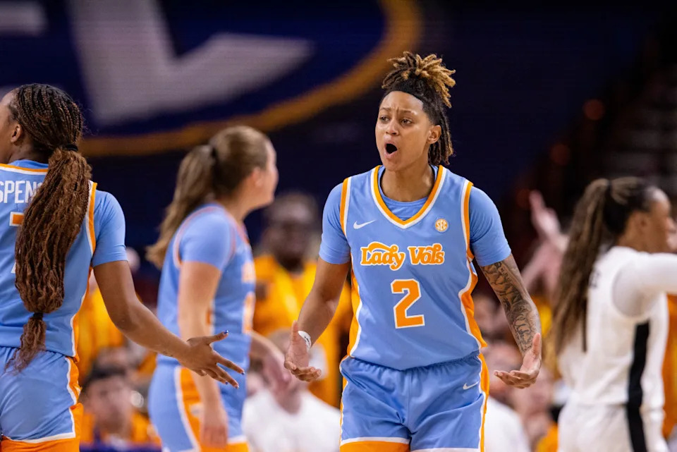 Mar 6, 2025; Greenville, SC, USA; Tennessee Lady Vols guard Ruby Whitehorn (2) reacts to a call during the second half against the Vanderbilt Commodores at Bon Secours Wellness Arena. Mandatory Credit: Scott Kinser-Imagn Images© Scott Kinser-Imagn Images