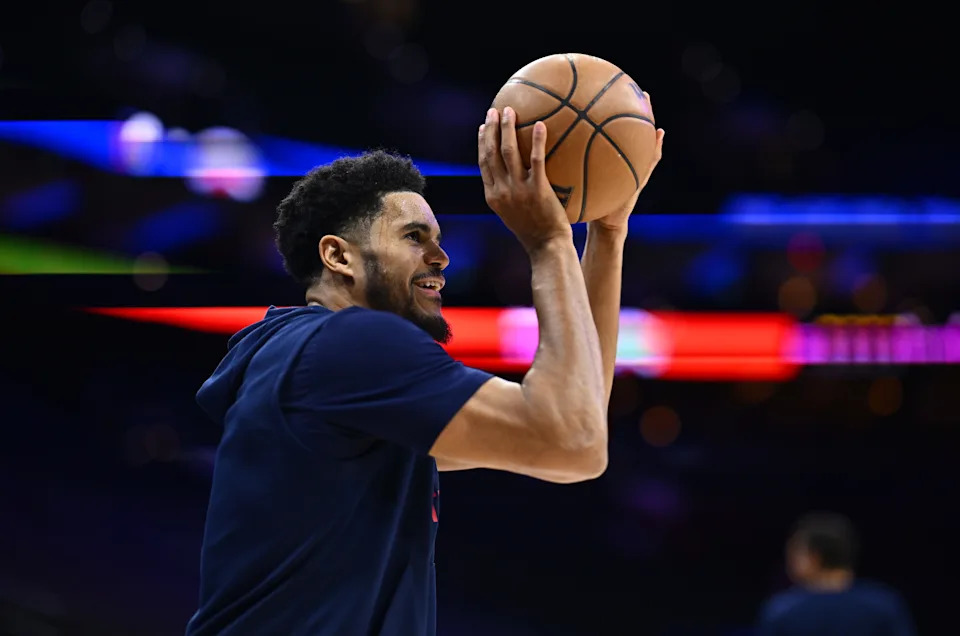 Jan 5, 2024; Philadelphia, Pennsylvania, USA; Philadelphia 76ers forward Tobias Harris (12) warms up before the game against the New York Knicks at Wells Fargo Center. Mandatory Credit: Kyle Ross-USA TODAY Sports