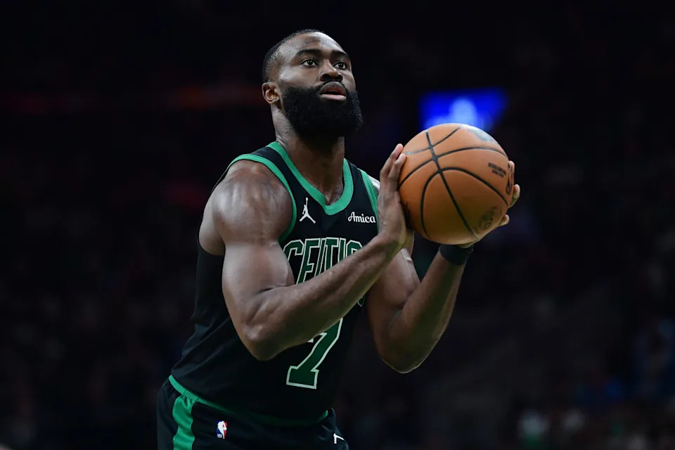 May 14, 2025; Boston, Massachusetts, USA; Boston Celtics guard Jaylen Brown (7) shoots a free throw in the second half during game five of the second round for the 2025 NBA Playoffs against the New York Knicks at TD Garden. Mandatory Credit: Bob DeChiara-Imagn Images© Bob DeChiara-Imagn Images