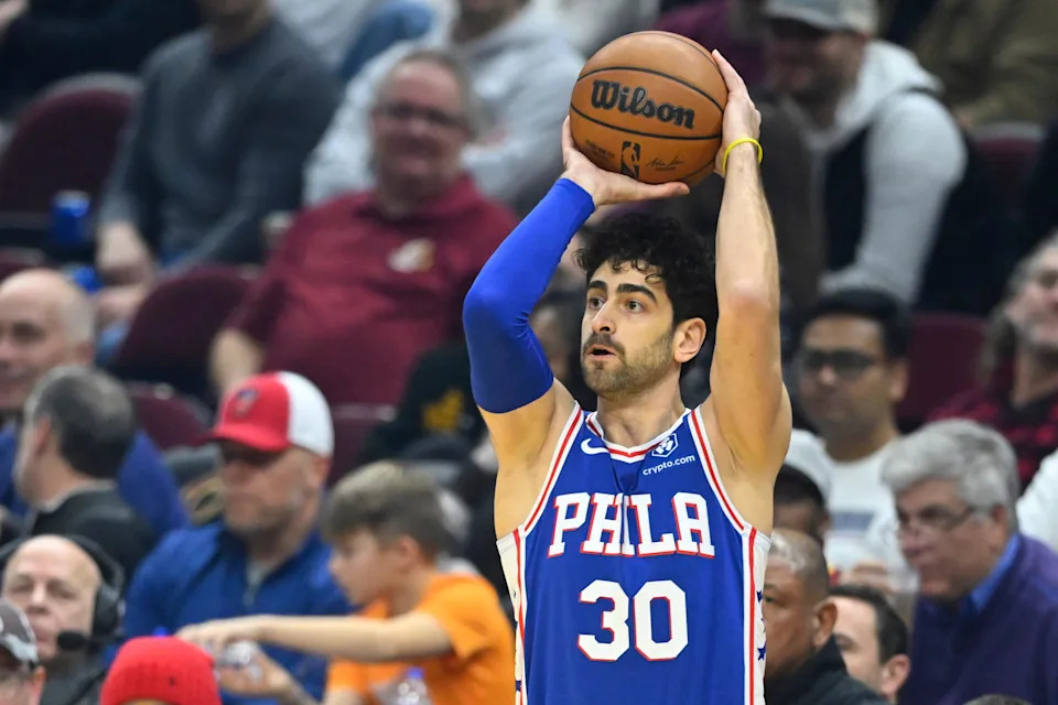 Nov 30, 2022; Cleveland, Ohio, USA; Philadelphia 76ers guard Furkan Korkmaz (30) shoots in the first quarter against the Cleveland Cavaliers at Rocket Mortgage FieldHouse. Mandatory Credit: David Richard-USA TODAY Sports