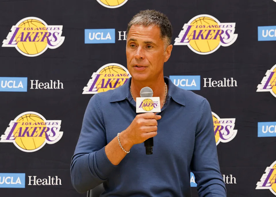 Los Angeles, CA - August 02: Lakers President, Basketball Operations and General Manager Rob Pelinka speaks at a press conference announcing a 3 year extension for Doni at the UCLA Health Training Center on Saturday, Aug. 2, 2025 in Los Angeles, CA. (Carlin Stiehl / Los Angeles Times via Getty Images)