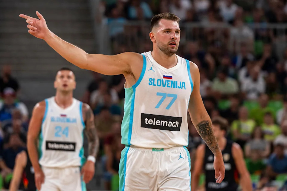LJUBLJANA, SLOVENIA - AUGUST 8: Luka Doncic of Slovenia reacts during the international basketball friendly match between Slovenia and Germany at Dvorana Stozice, on August 8, 2025 in Ljubljana, Slovenia. (Photo by Jurij Kodrun/Getty Images)