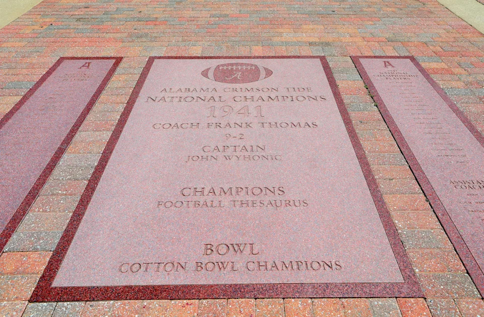 TUSCALOOSA, AL - JULY 05:  Alabama Crimson Tide's '1941 National Champions' monument on the 'Walk Of Champions' outside Bryant-Denny Stadium, home of the Alabama Crimson Tide football team at the University Of Alabama in Tuscaloosa, Alabama on July 5, 2018.  (Photo By Raymond Boyd/Getty Images)