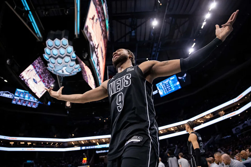 Mar 8, 2025; Charlotte, North Carolina, USA; Brooklyn Nets forward Trendon Watford (9) celebrates a three point basket during the fourth quarter against the Charlotte Hornets at Spectrum Center. Mandatory Credit: Scott Kinser-Imagn Images