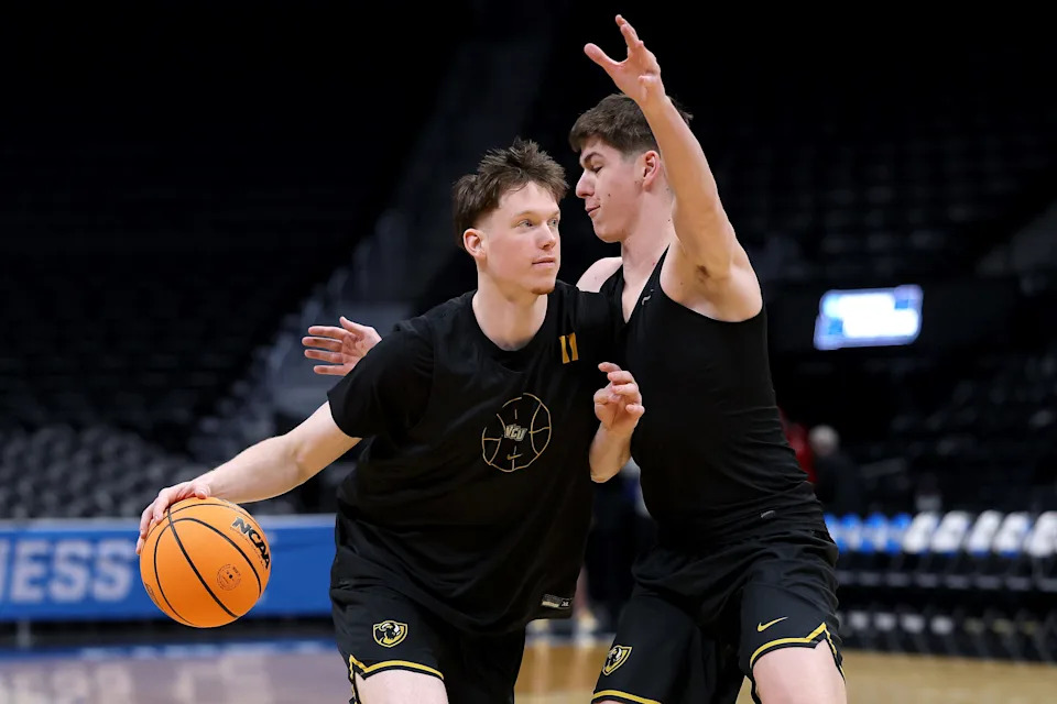 DENVER, COLORADO - MARCH 19: Max Shulga #11 of VCU fields practices with his team during the NCAA Men's Basketball Tournament First & Second Rounds Practice Day at Ball Arena on March 19, 2025 in Denver, Colorado. (Photo by Matthew Stockman/Getty Images)