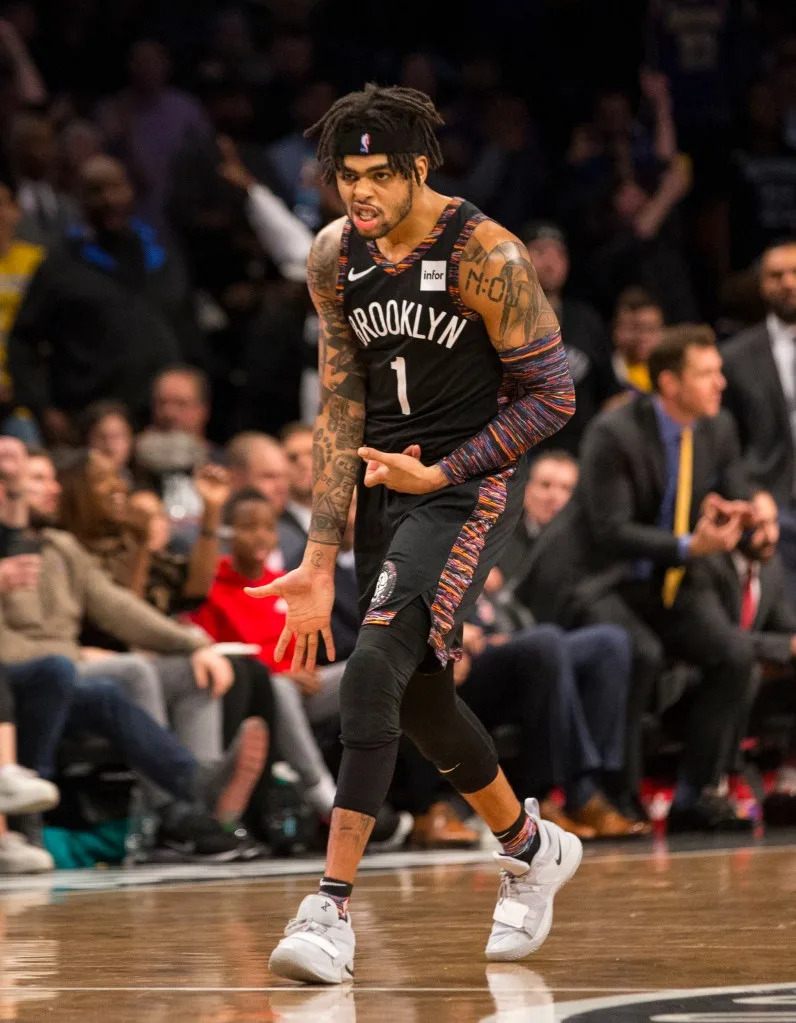 Nets guard D’Angelo Russell reacts after he sinks a game-winning <br>3-pointer during a 2018 game. Anthony J Causi