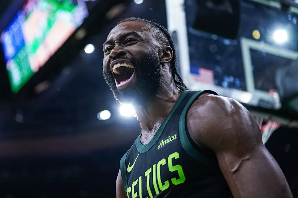 Nov 25, 2024; Boston, Massachusetts, USA; Boston Celtics guard Jaylen Brown (7) reacts after making the basket and being fouled by LA Clippers guard Kris Dunn (8) (not pictured) in the second quarter at TD Garden. Mandatory Credit: David Butler II-Imagn Images