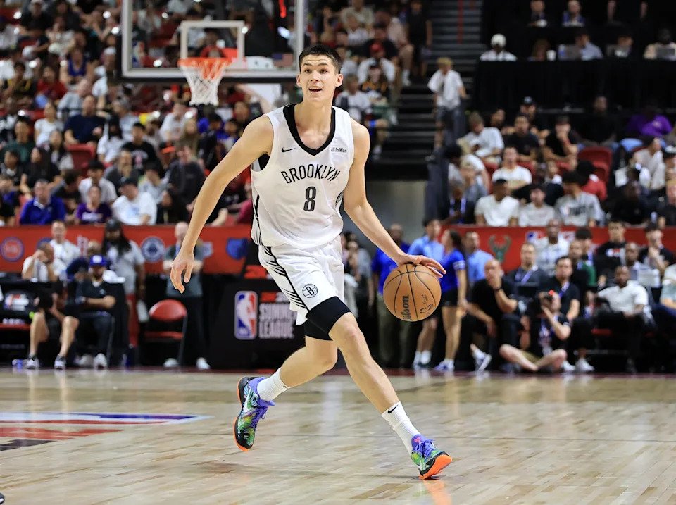 LAS VEGAS, NEVADA - JULY 10: Egor Demin #8 of the Brooklyn Nets brings the ball up the court against the Oklahoma City Thunder in the second half of a 2025 NBA Summer League game at the Thomas & Mack Center on July 10, 2025 in Las Vegas, Nevada. NOTE TO USER: User expressly acknowledges and agrees that, by downloading and or using this photograph, User is consenting to the terms and conditions of the Getty Images License Agreement. (Photo by Ethan Miller/Getty Images)