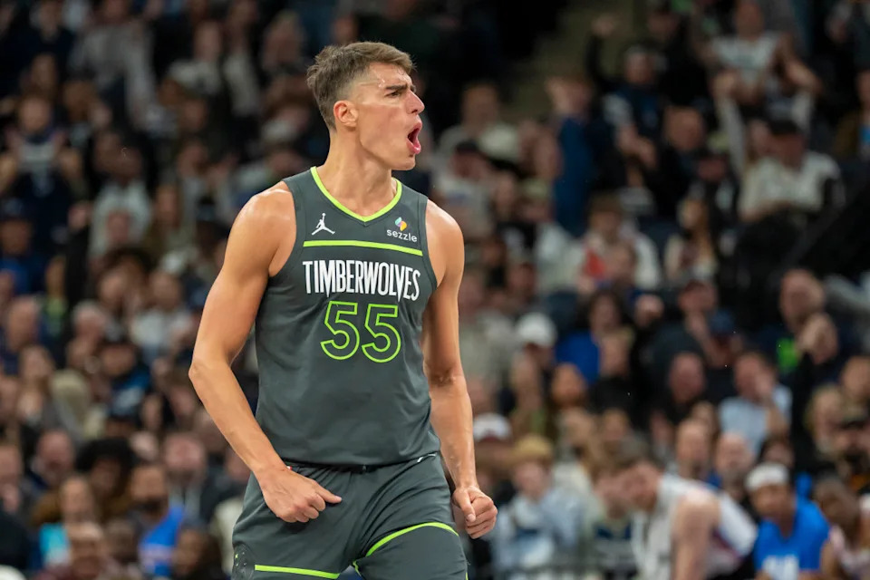 Feb 23, 2025; Minneapolis, Minnesota, USA; Minnesota Timberwolves center Luka Garza (55) reacts after making a three-point shot against the Oklahoma City Thunder in the second half at Target Center. Mandatory Credit: Jesse Johnson-Imagn ImagesCredit&colon; Jesse Johnson-Imagn Images