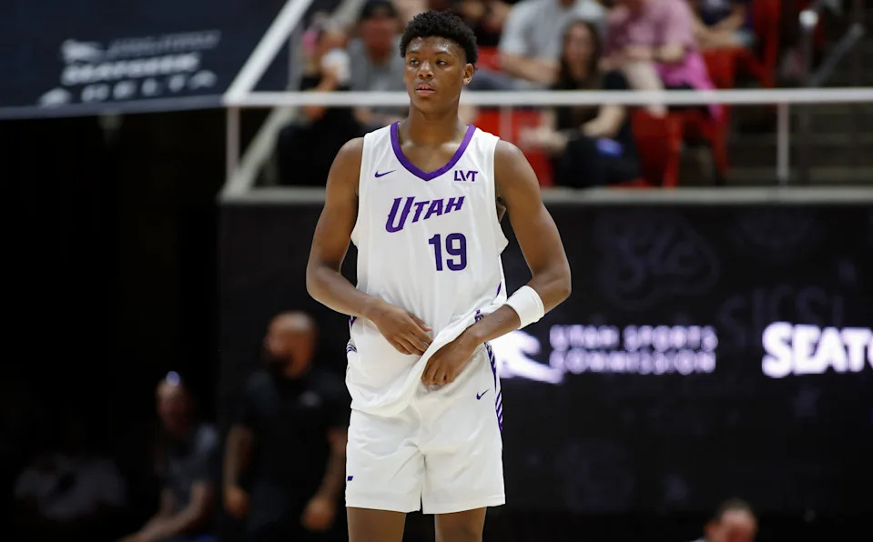 SALT LAKE CITY, UTAH - JULY 5: Ace Bailey #19 of the Utah Jazz looks on during an NBA Summer League game against the Philadelphia 76ers at Jon M. Huntsman Center on July 5, 2025 in Salt Lake City, Utah. NOTE TO USER: User expressly acknowledges and agrees that, by downloading and or using this photograph, User is consenting to the terms and conditions of the Getty Images License Agreement. (Photo by Chris Gardner/Getty Images)