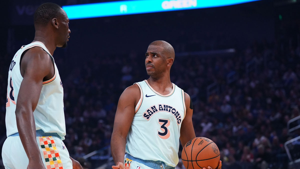 San Antonio Spurs guard Chris Paul (3) talks with San Antonio Spurs center Bismack Biyombo (18) after a Golden State Warriors basket in the first period at Chase Center. 