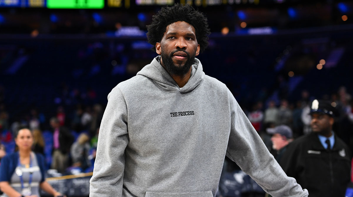 Philadelphia 76ers center Joel Embiid looks on after the game against the Indiana Pacers at Wells Fargo Center.