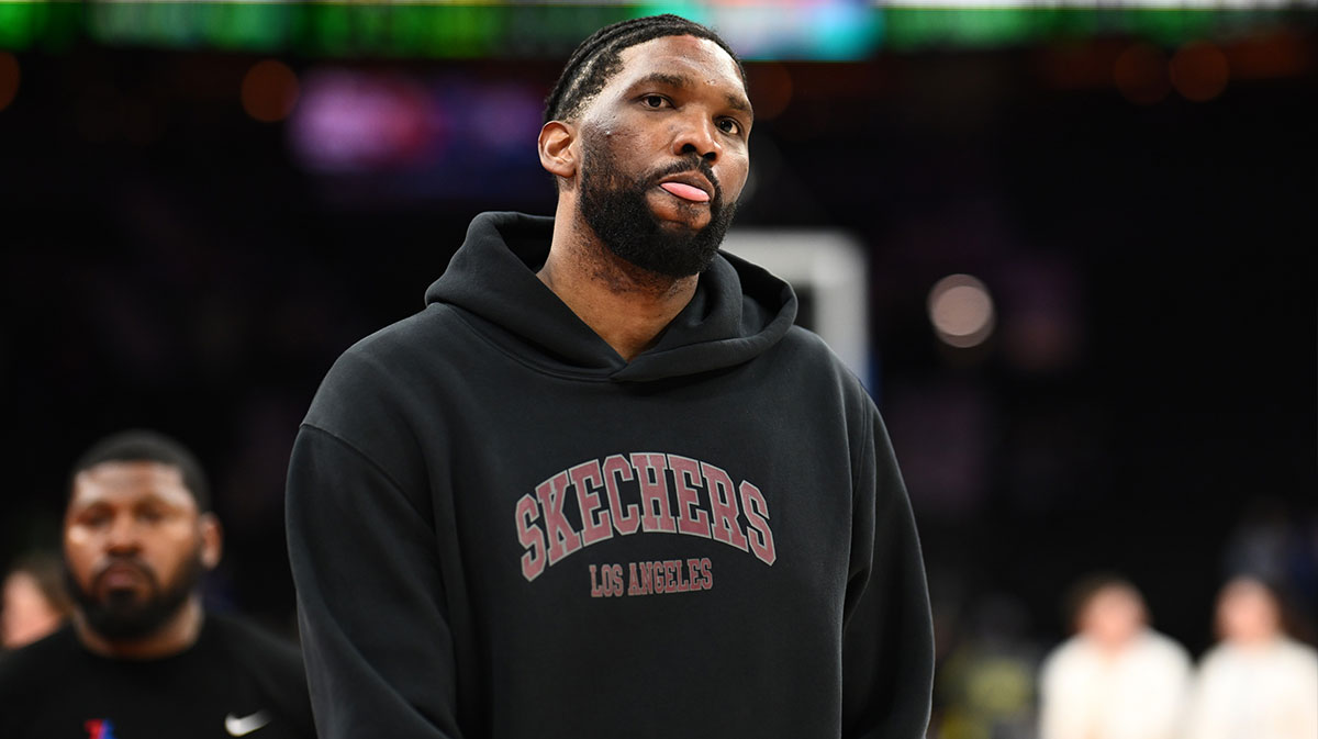 Philadelphia 76ers center Joel Embiid looks on after the game against the Milwaukee Bucks at Wells Fargo Center.