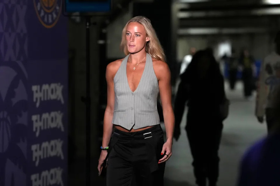 Aug 5, 2025; Los Angeles, California, USA; Indiana Fever guard Sophie Cunningham arrives before the game against the LA Sparks at the Crypto.com Arena.Kirby Lee-Imagn Images.