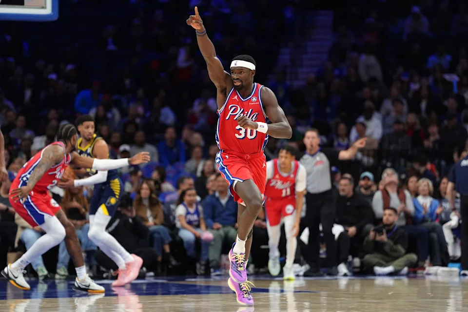 Mar 14, 2025; Philadelphia, Pennsylvania, USA; Philadelphia 76ers center Adem Bona (30) reacts against the Indiana Pacers in the fourth quarter at Wells Fargo Center. Mandatory Credit: Kyle Ross-Imagn Images