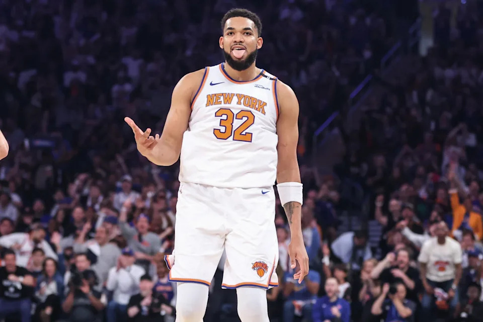 New York Knicks star Karl-Anthony Towns celebrates during a game.Wendell Cruz-Imagn Images
