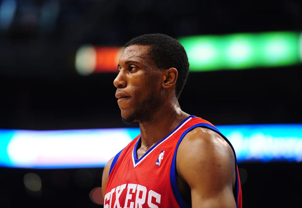 Dec. 28, 2011; Phoenix, AZ, USA; Philadelphia 76ers forward Thaddeus Young reacts during game against the Phoenix Suns at the US Airways Center. The 76ers defeated the Suns 103-83. Mandatory Credit: Mark J. Rebilas-USA TODAY Sports