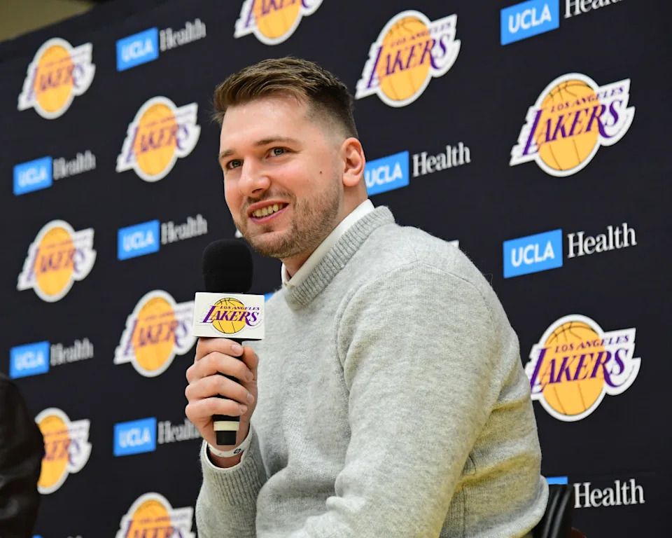 EL SEGUNDO, CA - FEBRUARY 04: Luka Doncic #77 of the Los Angeles Lakers is introduced during a press conference on February 04, 2025 at UCLA Health Training Center in El Segundo, California. (Photo by Adam Pantozzi/NBAE via Getty Images)Adam Pantozzi/Getty Images