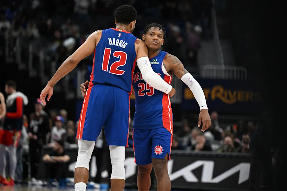 Detroit Pistons guard Marcus Sasser (25) celebrates with forward Tobias Harris (12)Lon Horwedel-Imagn Images