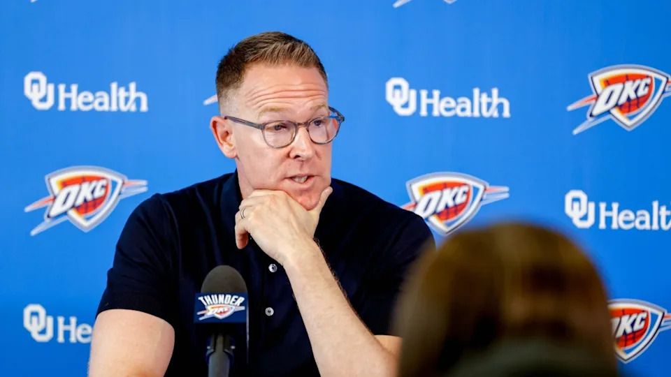 Sam Presti speaks to the press in Oklahoma City, on Tuesday, May 28, 2024.