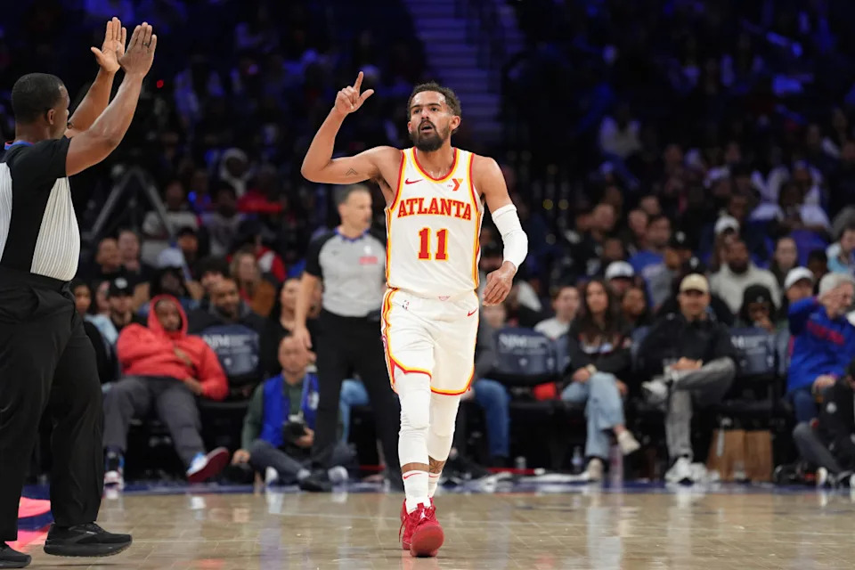 Apr 11, 2025; Philadelphia, Pennsylvania, USA; Atlanta Hawks guard Trae Young (11) reacts after scoring against the Philadelphia 76ers in the fourth quarter at Wells Fargo Center. Mandatory Credit: Kyle Ross-Imagn Images Mandatory Credit: Kyle Ross-Imagn Images