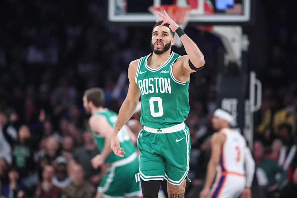Feb 8, 2025; New York, New York, USA; Boston Celtics forward Jayson Tatum (0) gestures after making a three point shot in the first quarter against the New York Knicks at Madison Square Garden. Mandatory Credit: Wendell Cruz-Imagn Images