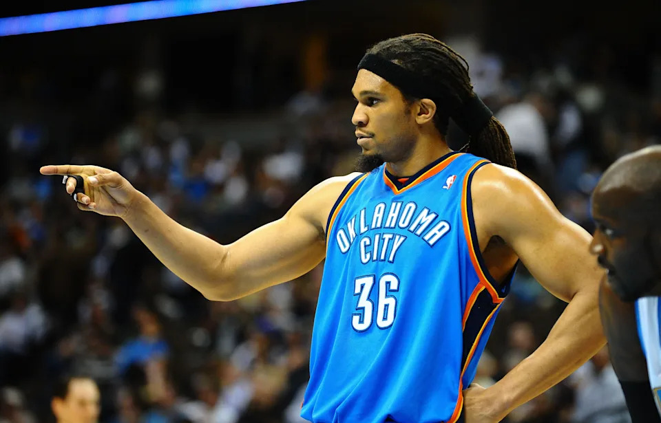 Mar 3, 2010; Denver, CO, USA; Oklahoma City Thunder center Etan Thomas (36) during the second half against the Denver Nuggets at the Pepsi Center. The Nuggets defeated the Thunder 119-90. Mandatory Credit: Ron Chenoy-USA TODAY Sports