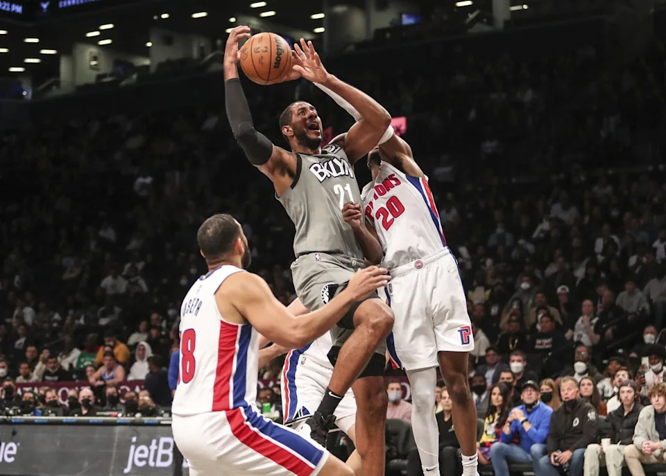 Oct 31, 2021; Brooklyn, New York, USA; Brooklyn Nets center LaMarcus Aldridge (21) reacts after getting fouled by Detroit Pistons guard Josh Jackson (20) in the third quarter at Barclays Center. Mandatory Credit: Wendell Cruz-USA TODAY Sports
