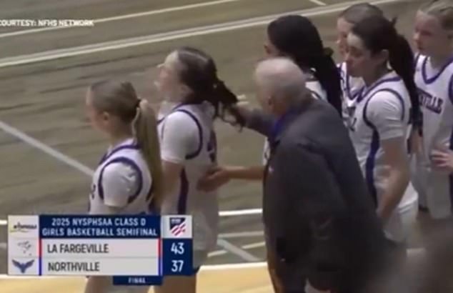 Jim Zullo, 81, was immediately fired as head coach of the Northville High School girls' basketball team in New York in March after he was caught on video in a furious rant, pulling a player¿s hair just moments after the team's championship loss (pictured)