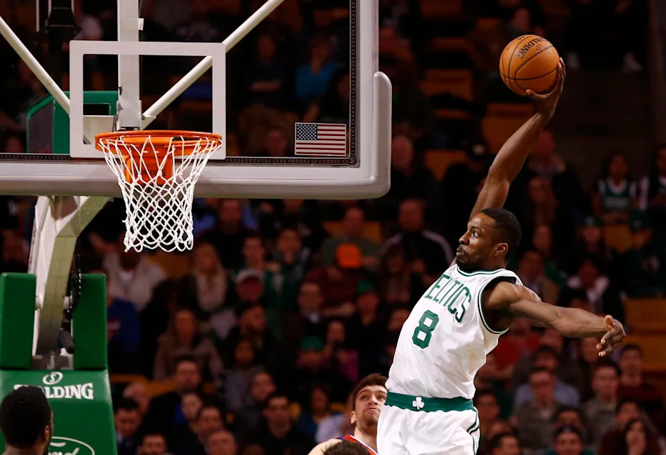 Jan 29, 2014; Boston, MA, USA; Boston Celtics small forward Jeff Green (8) dunks the ball against the Philadelphia 76ers during the first half at TD Garden. Mandatory Credit: Mark L. Baer-USA TODAY Sports