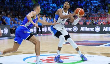 Italy's' Simone Fontecchio defends against Greece's Giannis Antetokounmpo during the Eurobasket, European Basketball Championship Group C match between Greece and Italy at the Spyros Kyprianou Arena in Limassol, Cyprus, Thursday, Aug. 28, 2025. (AP Photo/Chara Savvidou)