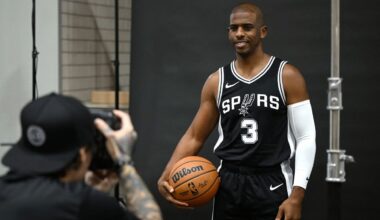 San Antonio Spurs guard Chris Paul (3) poses during the NBA basketball team's media day, Monday, Sept. 30, 2024, in San Antonio. (AP File Photo/Darren Abate)
